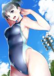  :d arm_up black_eyes black_hair blush cloud competition_swimsuit cowboy_shot curvy day floodlights from_below hands_together lamp one-piece_swimsuit open_mouth original outdoors ponytail purple_eyes short_hair short_ponytail sky smile solo swimsuit tree twinpoo wet 