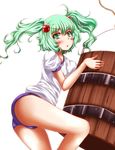  alternate_costume ass blush bucket buruma green_eyes green_hair gym_uniform hair_bobbles hair_ornament highres kisume looking_at_viewer open_mouth puffy_sleeves shirt short_sleeves solo touhou twintails wooden_bucket zan_(harukahime) 