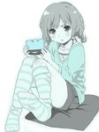  blush drawr handheld_game_console looking_at_viewer mattaku_mousuke monochrome nintendo_3ds open_mouth original pillow short_hair short_twintails sitting skirt solo striped striped_legwear sweater thighhighs twintails 