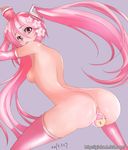 anus ass bad_id bad_pixiv_id dated detached_sleeves flower food ginko_(silver_fox) hair_flower hair_ornament hatsune_miku long_hair looking_back mikuman nude object_insertion pink_eyes pink_hair sakura_miku simple_background solo thighhighs twintails very_long_hair vocaloid 