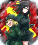  blonde_hair blush fang girls_und_panzer gloves highres katyusha long_hair military military_uniform multiple_girls nonna pravda_military_uniform saber_(weapon) short_hair short_jumpsuit snow sword the_nekoma uniform weapon 