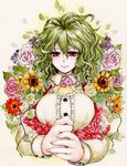  ascot flower green_hair highres kazami_yuuka long_sleeves looking_at_viewer plaid plaid_scarf red_eyes sakurai_haruto scarf short_hair smile solo sunflower touhou traditional_media upper_body watercolor_(medium) 