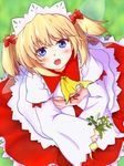  ascot blonde_hair blue_eyes blush dress fang from_above headdress kazenonegura looking_up open_mouth solo sunny_milk touhou twintails wings 