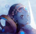  blue blue_eyes blue_hair blue_skin brooch gem jewelry keun_ju_kim looking_at_viewer lowres personification protoss protoss_zealot sapphire_(stone) solo speech_bubble starcraft talking text_focus 