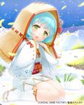  :d bell blue_hair character_request green_eyes hand_to_own_mouth hood japanese_clothes kimono mountain obi official_art open_mouth petals sandals sash seikon_no_arcana short_hair short_kimono silver_(atelier-tengu) sitting smile snow snow_bunny socks solo wariza watermark wide_sleeves 