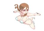  bad_id bad_pixiv_id bikini blush boots breasts brown_hair butt_crack dual_wielding glasses holding inui_sanagi kunai large_breasts long_hair open_mouth original outstretched_arms red_eyes sideboob solo spread_arms strap_gap swimsuit twintails weapon 