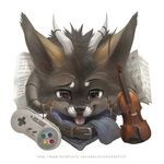  canine collar controller cute fur game_controller grey_fur horn male mammal musical_instrument sheet_music silverfox5213 solo super_nintendo violin wolf 