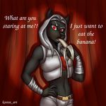  angry banana belt canine clothing dialog english_text female fruit jacket kostos_art looking_at_viewer mammal pants red_eyes shirt suggestive suggestive_food text vest wolf 