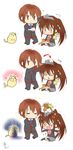  1girl animal animal_on_head brother_and_sister brown_hair cat cat_on_head chibi doruji highres lennon little_busters! long_hair miyoshi_yun natsume_kyousuke natsume_rin on_head open_mouth ponytail school_uniform short_hair siblings stacking 