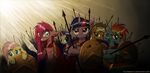  300 applejack_(mlp) arrow blonde_hair blue_eyes cape cowboy_hat equine female feral fluttershy_(mlp) friendship_is_magic green_eyes grin group hair hat horn horse looking_at_viewer mammal multi-colored_hair my_little_pony parody pink_hair pinkamena_(mlp) pinkie_pie_(mlp) polearm pony purple_eyes purple_hair rainbow_dash_(mlp) rainbow_hair rarity_(mlp) shield spear sword twilight_sparkle_(mlp) unicorn vulpessentia weapon 