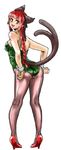  :3 animal_ears ass bad_id bad_pixiv_id bare_shoulders braid cat_ears cat_tail chikuwa_(tks) extra_ears full_body green_leotard high_heels kaenbyou_rin kittysuit legs leotard long_hair looking_back multiple_tails pantyhose pink_legwear pointy_ears red_footwear shoes standing tail touhou white_background 