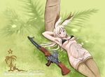 animal_ears battle_rifle blonde_hair blue_eyes bra breasts covered_nipples fg42 grass gun hanna-justina_marseille highres long_hair navel panties panty_pull predatorss rifle solo strike_witches thighhighs tree underwear weapon world_witches_series 