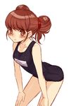  bad_id bad_pixiv_id blush brown_eyes brown_hair double_bun fate/extra fate_(series) hair_ornament hands_on_own_knees kishinami_hakuno_(female) leaning_forward nagiko_(mangalove1111) one-piece_swimsuit school_swimsuit short_hair simple_background sketch solo swimsuit white_background 