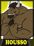  amwulf anthro badge biceps big_muscles body_hair bovine cattle chest_hair flexing fur horn housso looking_at_viewer male mammal muscles nipples nude pubes solo 
