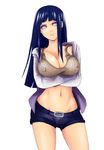  1girl angry blank_eyes blue_hair bra breasts cleavage erect_nipples evildei fishnets hime_cut hyuuga_hinata jacket large_breasts long_hair looking_at_viewer midriff mound_of_venus naruto naruto:_road_to_ninja navel open_clothes open_jacket purple_eyes short_shorts shorts simple_background solo standing underwear 