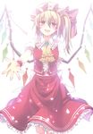  ascot backlighting blonde_hair bow brooch flandre_scarlet hat hat_bow jewelry kikugetsu mob_cap open_mouth outstretched_arm outstretched_hand petals pink_eyes puffy_sleeves shirt short_sleeves side_ponytail skirt skirt_set smile solo touhou vest wing_ribbon wings wrist_cuffs 