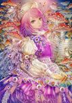  adapted_costume bad_id bad_pixiv_id bird bird_request blue_eyes buttons embellished_costume embroidery flower fly_agaric hat highres lace layered_skirt letty_whiterock lips long_sleeves mushroom musical_note paper purple_eyes purple_hair ribbon short_hair smile snowflakes solo striped striped_ribbon touhou tree vertical_stripes vest yogisya 