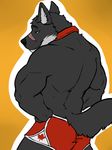  anthro bear biceps big_muscles canine clothing collar fur hands_on_hips hybrid looking_at_viewer looking_back male mammal muscles scar shorts solo topless wolf 