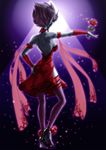  backless_dress backless_outfit blue_skin choker dress evelynn flower high_heels highres league_of_legends pointy_ears purple_hair ranger_squirrel rose shoes solo tango thighhighs 