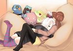  black_legwear black_panties brown_hair character_doll couple croagunk cuddling double_bun freckles gen_1_pokemon gen_4_pokemon gen_5_pokemon gym_leader hair_bobbles hair_ornament highvoltage homika_(pokemon) hood hoodie hug koffing legwear_under_shorts long_hair lucario lying_on_person mei_(pokemon) multiple_girls no_pants panties pantyhose pokemon pokemon_(creature) pokemon_(game) pokemon_bw2 short_hair shorts snivy striped striped_legwear stuffed_animal stuffed_toy thighhighs topknot twintails underwear white_hair yuri 