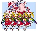 &gt;_&lt; :d arms_up ascot bat_wings blonde_hair blue_hair carrying closed_eyes eichi_yuu fang flandre_scarlet four_of_a_kind_(touhou) hat hat_ribbon heart mob_cap multiple_girls open_mouth pointy_ears puffy_sleeves recurring_image red_eyes remilia_scarlet ribbon running shirt short_sleeves siblings sisters skirt smile touhou v-shaped_eyebrows vest wings xd 