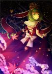  arm_ribbon bad_id bad_pixiv_id bow dress frills front_ponytail green_eyes green_hair hair_bow hair_ornament hair_ribbon hibaarborvitae highres kagiyama_hina lipstick long_hair looking_at_viewer makeup red_dress ribbon short_sleeves skirt_hold solo touhou 