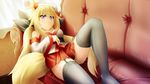  animal_ears arm_up black_legwear blonde_hair blue_eyes breasts cleavage couch detached_sleeves fox_ears fox_tail garter_straps highres leg_up legs long_hair lying multiple_tails nontraditional_miko original skirt solo superhero_(artist) tail thighhighs 