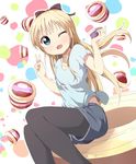  ;d black_legwear blonde_hair blue_eyes blush casual fashion food hair_ribbon highres ice_cream legwear_under_shorts long_hair looking_at_viewer one_eye_closed open_mouth pantyhose ribbon rum_raisin shirt shorts sitting smile solo t-shirt tata_(tataice) toshinou_kyouko v yuru_yuri 