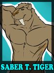  badge biceps big_muscles feline fur looking_at_viewer male mammal muscles nude pecs saber_tooth_tiger smilodon solo 