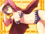 bikini breasts brown_eyes brown_hair checkered checkered_background highres large_breasts looking_at_viewer meiko navel open_clothes open_shirt oumi_sanaka shirt short_hair smile solo sparkle star swimsuit unmoving_pattern vocaloid 
