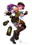  belt beret boots breasts camouflage camouflage_shorts combat_boots dog_tags explosive fingerless_gloves gloves green_eyes grenade hat long_hair medium_breasts military mole mole_under_eye original pink_hair ponytail shorts smoke_grenade tank_top thigh_pouch thighhighs wen_juinn 