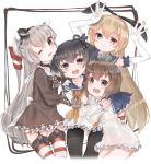  4girls amatsukaze_(kantai_collection) anchor_symbol black_hair black_hairband black_legwear blonde_hair blue_sailor_collar blue_skirt brown_dress brown_eyes brown_hair bunny_pose crop_top dress elbow_gloves eyebrows_visible_through_hair garter_straps gloves grey_eyes hair_tubes hairband hat headgear headset highres inorin05kanae kantai_collection long_hair long_sleeves mini_hat miniskirt multiple_girls neckerchief one_eye_closed open_mouth pantyhose round_teeth sailor_collar sailor_dress school_uniform serafuku shimakaze_(kantai_collection) short_dress short_hair short_hair_with_long_locks sidelocks silver_hair simple_background skirt smile speaking_tube_headset striped striped_legwear teeth thighhighs tokitsukaze_(kantai_collection) traditional_media two_side_up white_background white_gloves white_sailor_collar windsock yellow_neckwear yukikaze_(kantai_collection) 