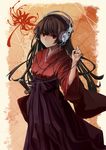  anachronism bad_id bad_pixiv_id brown_hair cable ex flower hakama headphones highres hime_cut japanese_clothes katana kimono long_hair looking_at_viewer meiji_schoolgirl_uniform original purple_hakama red_eyes sheath sheathed solo spider_lily sword weapon 