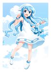  blue_eyes blue_hair cloud dress hat highres ikamusume long_hair looking_at_viewer moegi_nenene open_mouth shinryaku!_ikamusume sky solo tentacle_hair 