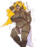  ???? big_breasts blonde_hair blush breasts brown_body brown_eyes canine chubby clothed clothing collar dog ear_piercing female hair knife mammal nipples open_mouth overweight piercing plain_background skimpy solo sukarabe thick_thighs thighs tongue tongue_out tribal_tattoo weapon white_background 