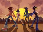  bad_id bad_pixiv_id belt brown_hair building cape card city denim fudou_yuusei jacket jeans multicolored_hair multiple_boys pants ricebutton shoes streaked_hair sun tsukumo_yuuma yami_yuugi yuu-gi-ou yuu-gi-ou_5d's yuu-gi-ou_duel_monsters yuu-gi-ou_gx yuu-gi-ou_zexal yuuki_juudai 