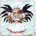  blonde_hair fang hat lily_white nanashii_(soregasisan) outstretched_arms smile solo spread_arms touhou wings yellow_eyes 