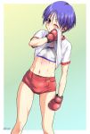  1girl ;o bare_arms bare_legs blue_eyes blue_hair blush body_blush border breasts breasts_apart buruma commentary_request erect_nipples feet_out_of_frame gym_shirt hand_up long_hair matsubara_aoi midriff naitou_kouse navel one_eye_closed red_buruma shirt short_hair short_sleeves small_breasts smile solo sports_bra standing stomach sweat tareme to_heart toned white_border wiping_sweat 