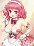  :d armband armlet artist_request blush bow bowtie breasts cleavage copyright_request detached_collar food fruit large_breasts looking_at_viewer maid_headdress open_mouth peach pink_eyes pink_hair red_bow red_neckwear skirt smile solo tail waitress wrist_cuffs 
