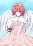  alternate_costume angel_wings between_legs blue_background blush capelet cross dress elbow_gloves finger_to_face gloves hand_between_legs headband heart high_collar highres komeiji_satori light_rays looking_at_viewer pink_eyes pink_hair short_hair sitting smile solo sunbeam sunlight third_eye touhou tsuuneko_(tourisugarinoneko) wariza wings 