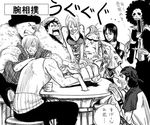  2girls 6+boys afro arm_wrestling bandanna brook camisole cheating cyborg franky hana_hana_no_mi haramaki hat hawaiian_shirt lowres monkey_d_luffy monochrome monster_boy multiple_boys multiple_girls muscle nami nami_(one_piece) nico_robin one_piece open_mouth pinstripe_pattern reindeer roronoa_zoro sanji saucer shirt skeleton straw_hat table tank_top tea tony_tony_chopper usopp 