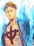  1boy abs blonde_hair blue_fire fire jolly_roger male male_focus marco muscle one_piece open_clothes open_shirt pirate shirt solo tattoo whitebeard_pirates 