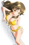  bikini blush breast_press breasts brown_hair denden_(dendenden) hair_ornament hairclip large_breasts long_hair lying shinomiya_himawari solo swimsuit vividred_operation yellow_bikini yellow_eyes 