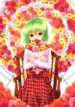  ascot bouquet chair covering_mouth flower green_hair heart highres kazami_yuuka long_sleeves looking_at_viewer open_clothes open_vest red_eyes rose shimada_(simada_bu) shirt short_hair sitting solo touhou vest 