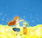  1girl brown_hair ebo fei_rune field flower flower_field green_eyes green_hair hairband happy head_wreath inazuma_eleven_(series) inazuma_eleven_go inazuma_eleven_go_chrono_stone long_hair nanobana_kinako orange_hairband petals smile 