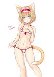  alice_margatroid animal_ears bikini blonde_hair blue_eyes blush breasts cat_ears cat_tail hairband kemonomimi_mode micro_bikini nabeshima_tetsuhiro short_hair side-tie_bikini simple_background small_breasts solo swimsuit tail touhou white_background 