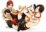  3boys black_hair brothers eilinna fire freckles hat jewelry lowres male male_focus monkey_d_luffy multiple_boys necklace one_piece portgas_d_ace red_hair sandals scar shanks siblings smile straw_hat tattoo topless 
