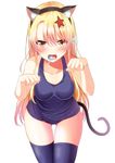  animal_ears attsun_(atsushi_jb) black_legwear blonde_hair blush breasts candy cat_ears cat_tail character_request collarbone ear_piercing fake_animal_ears fake_tail fang food food_in_mouth lollipop long_hair medium_breasts one-piece_swimsuit open_mouth paw_pose piercing school_swimsuit seifuku! simple_background solo star swimsuit tail thigh_gap thighhighs yellow_eyes 