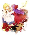  black_cat blonde_hair blood braid cat dress ellen_(majo_no_ie) green_eyes highres knife majo_no_ie multiple_girls noose picture_frame purple_hair shimotsuki_eri silk skull spider_web stuffed_animal stuffed_toy teddy_bear twin_braids viola_(majo_no_ie) 