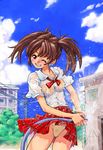  bra brown_eyes brown_hair cloud day grin hose long_hair one_eye_closed original panties saitani_umetarou school_uniform see-through sky smile solo twintails underwear water wet wet_clothes 